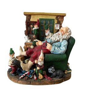 Vtg Musical Figurine Snoozing Santa Claus & Elves Wind Up Christmas Decor VIDEO